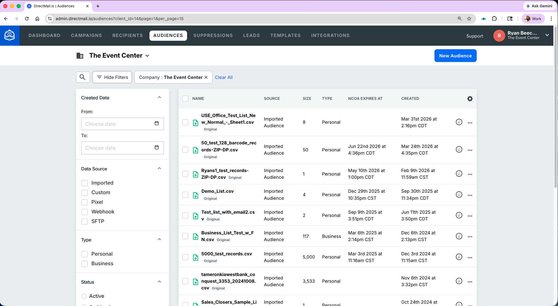 DirectMail.io audiences library showing a list of CSV-imported direct mail lists with file size, type (personal or business), NCOA expiration date, and created date. Filters on the left for created date range, data source (imported, custom, pixel, webhook, SFTP), type, and status. Central to direct mail data hygiene and postal compliance for commercial printers.