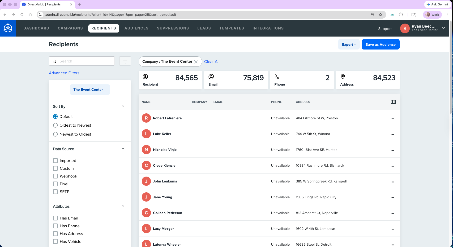 DirectMail.io recipients management screen for a white-label agency account, showing 84,565 recipients across 75,819 emails and 84,523 addresses, with sort controls, data source filters (Imported, Custom, Webhook, Pixel, SFTP) and attribute filters (Has Email, Has Phone, Has Address, Has Vehicle) in a sidebar. Every client's data isolated in its own sub-account.